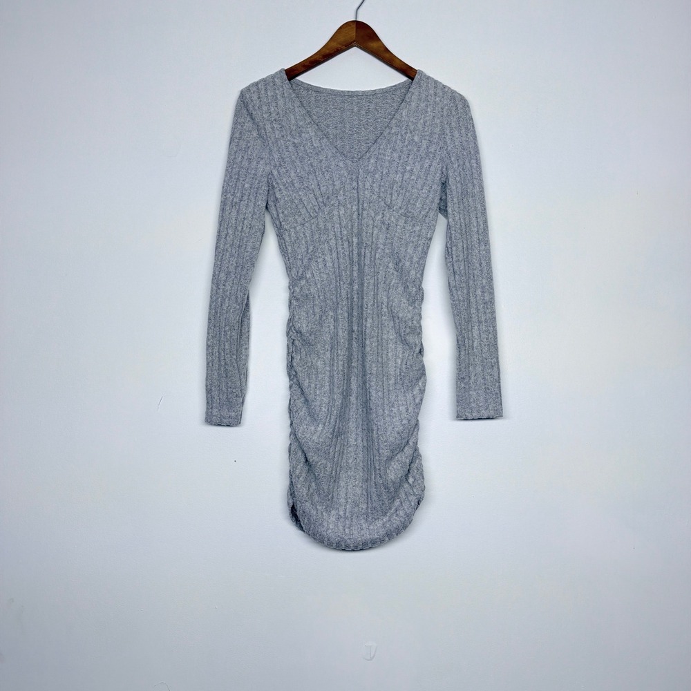 Heather Grey Ribbed Ruched V-Neck Long Sleeve Bodycon Mini Dress Small